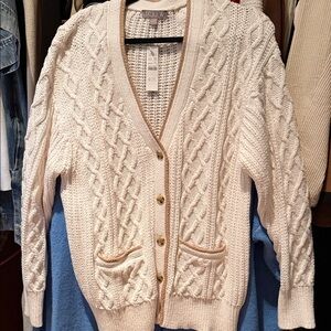 J. Crew Ivory Cable-Knit Button-Front Cardigan with Tan Trim